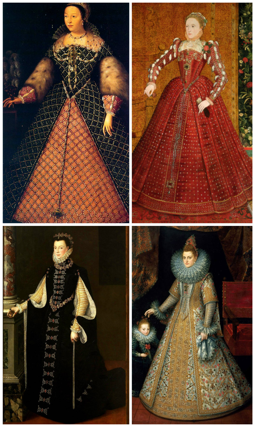 Spanish farthingale. Clockwise from top left: Catherin de Medici, c. 1555; Queen Elizabeth I of England, c. 1563; Elizabeth of Valois, Queen of Spain, 1565; Isabella of the Spanish Netherlands, 1599