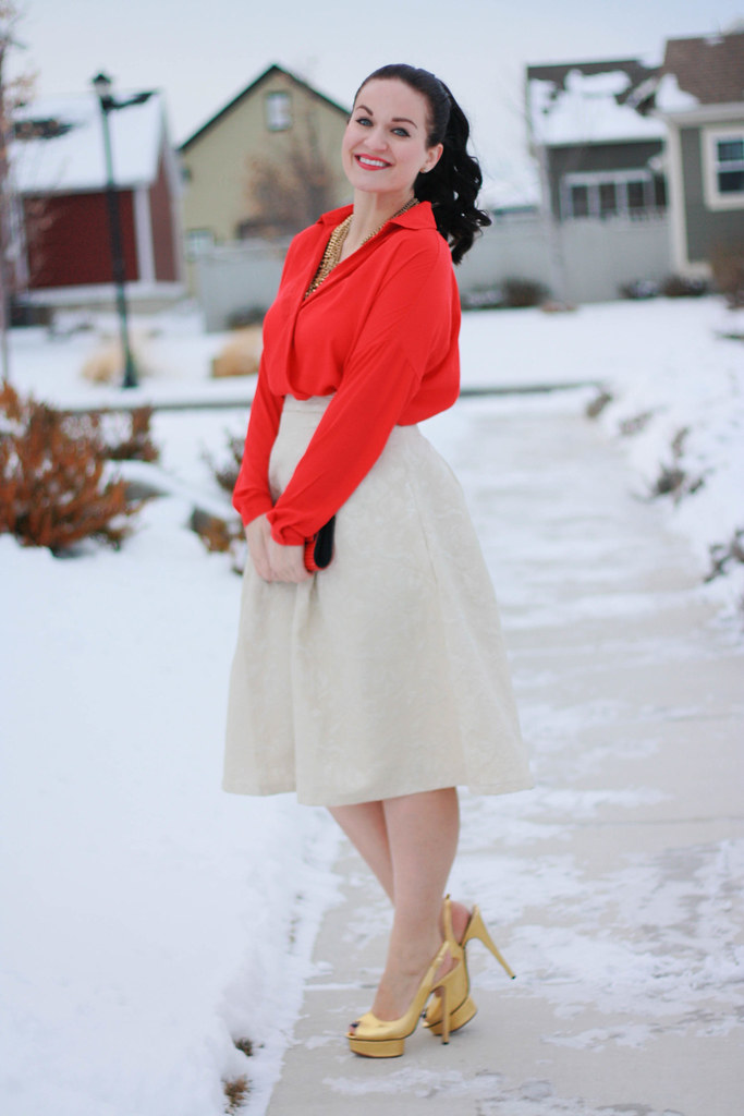 Red Blouse and Cream Midi Skirt