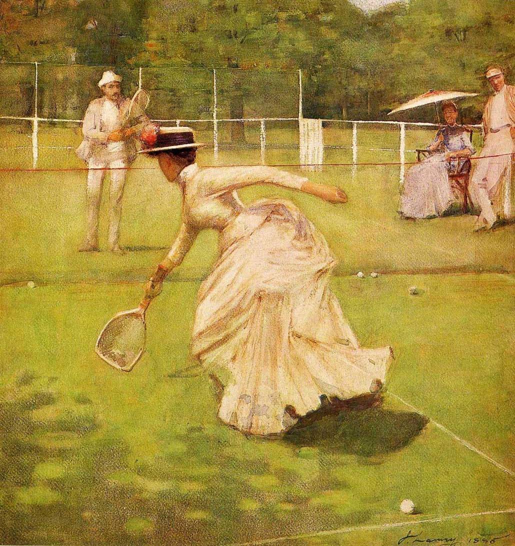 "A Rally" painting by Sir John Lavery, Irish artist (1885); shows woman playing tennis with vigor, despite fashionable Victorian clothing.