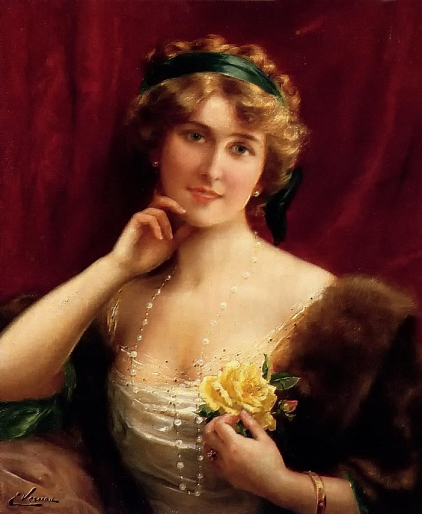 An Elegant Lady With A Yellow Rose by Emile Vernon, Date unknown