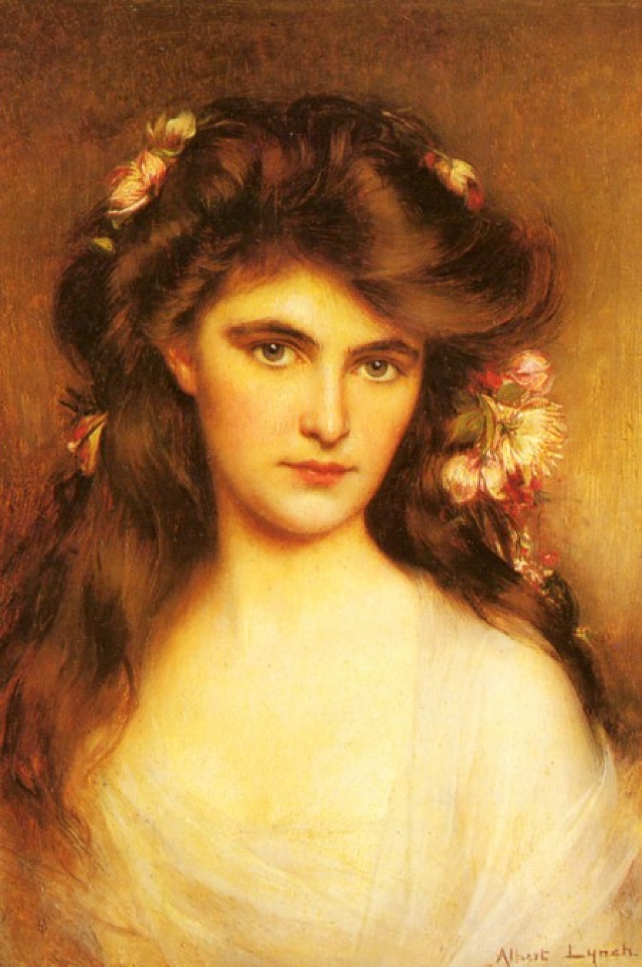 A Young Beauty with Flowers in her Hair by Albert Lynch