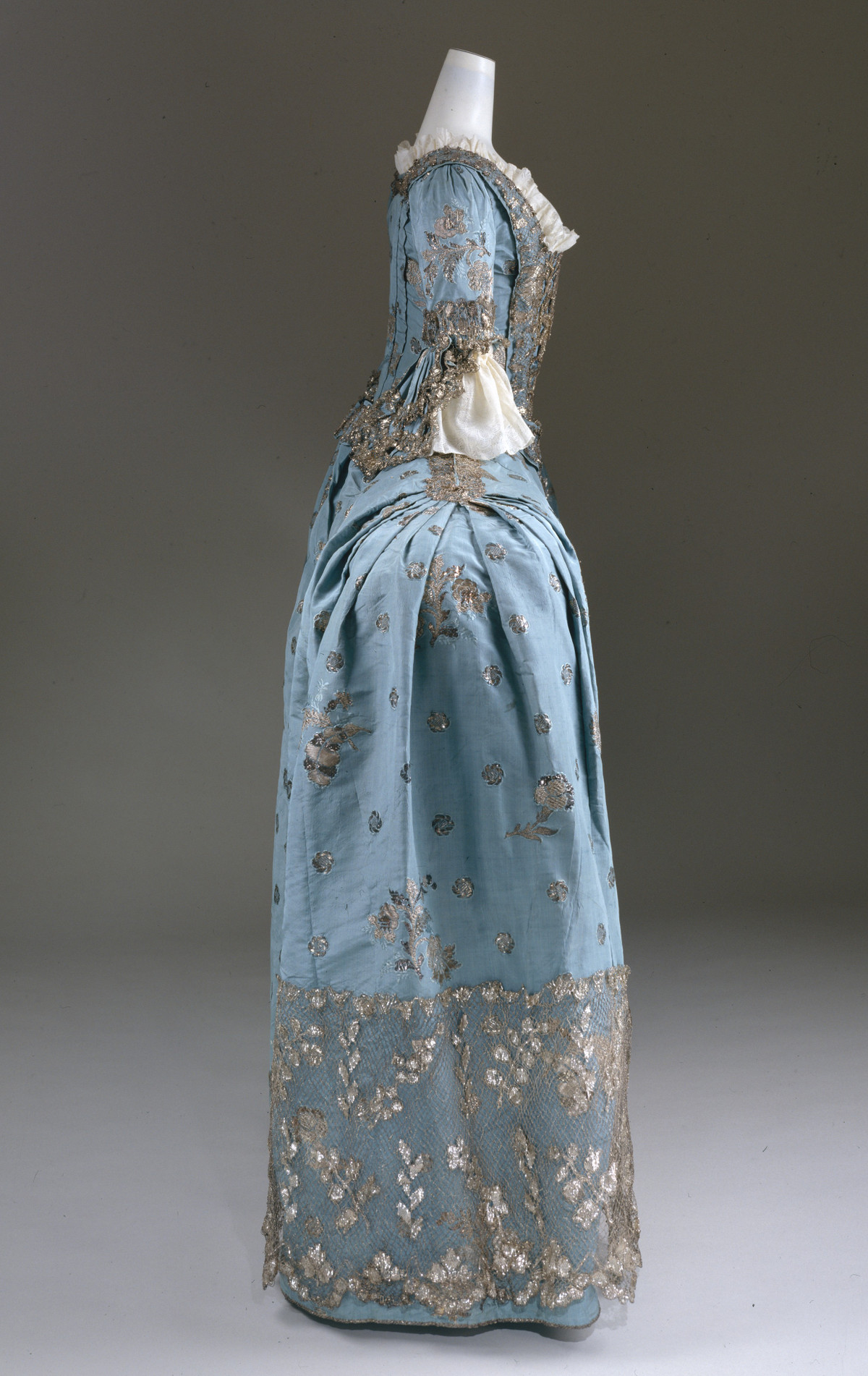 c. 1750. Court dress. British. Silk, metallic thread. metmuseum