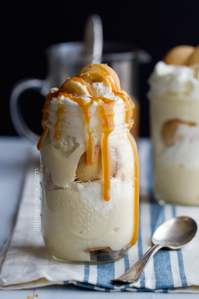 Banana Pudding with Salted Caramel Sauce - this is the perfect personal sized dessert to serve this Easter! #bananapudding #wafers #saltedcaramelsauce | Littlespicejar.com