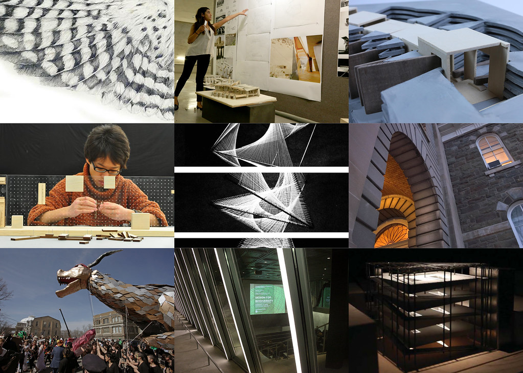 Image collage of the projects and people of the Cornell AAP Department of Architecture.