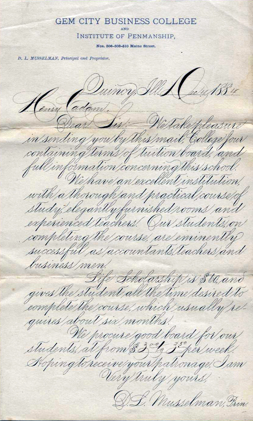 Classic American business cursive handwriting known as Spencerian script from 1884