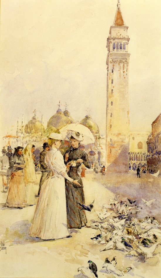 Feeding Pigeons in the Piazza by Frederick Childe Hassam - circa 1883