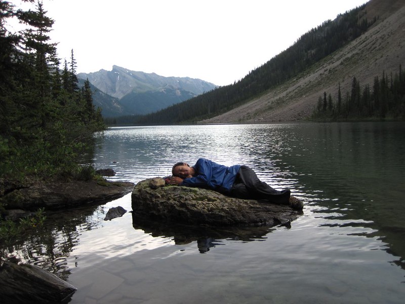 Taking a nap on an island boulder in Luellen Lake