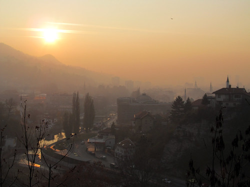 sunset buildings river evening smog sarajevo smoke mosque hazy bosniaherzegovina miljackariver herowinner