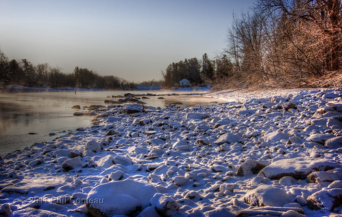 ca winter snow ontario canada sunrise river rocks manotick