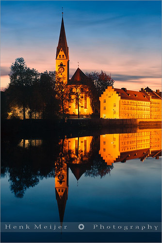 city longexposure light sunset color colour reflection tower church water colors abbey canon reflections river germany landscape bavaria lights reflecting town colours view postcard religion monastery postcards bluehour benedictine viewpoint meijer henk sankt cityview mang allgau gothicstyle stmang kempten floydian proframe proframephotography canoneos1dsmarkiii henkmeijer