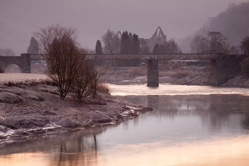 bridge reflection tree church water abbey wales sunrise river frost monmouhshire