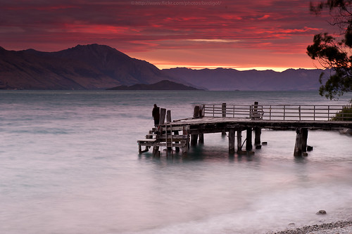 bridge sunset newzealand mountain lake bay fishing wave wakatipu glenorchy