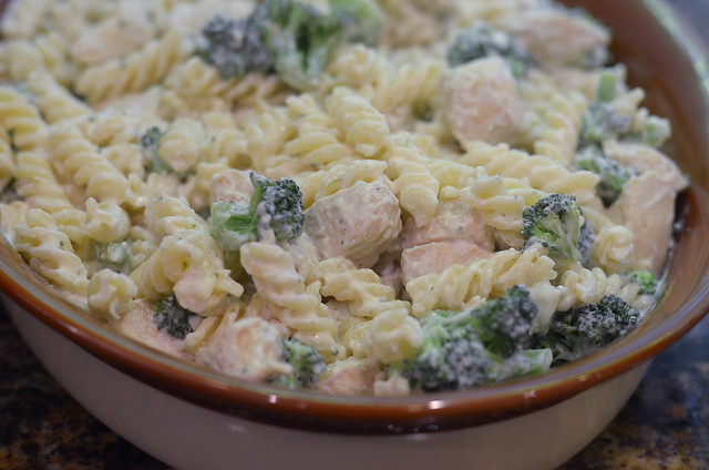 Chicken Broccoli Alfredo in baking dish before it is baked.