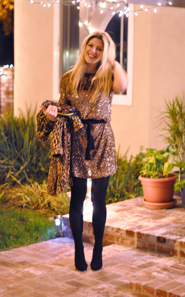 sequin dress  and  black tights