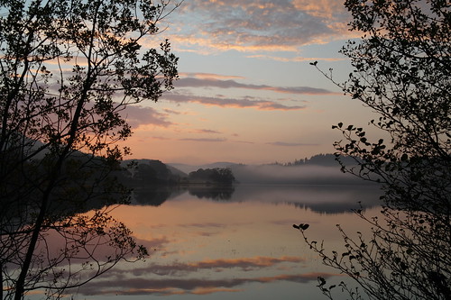 trees water fog clouds sunrise landscape scotland view earlymorning loch achray