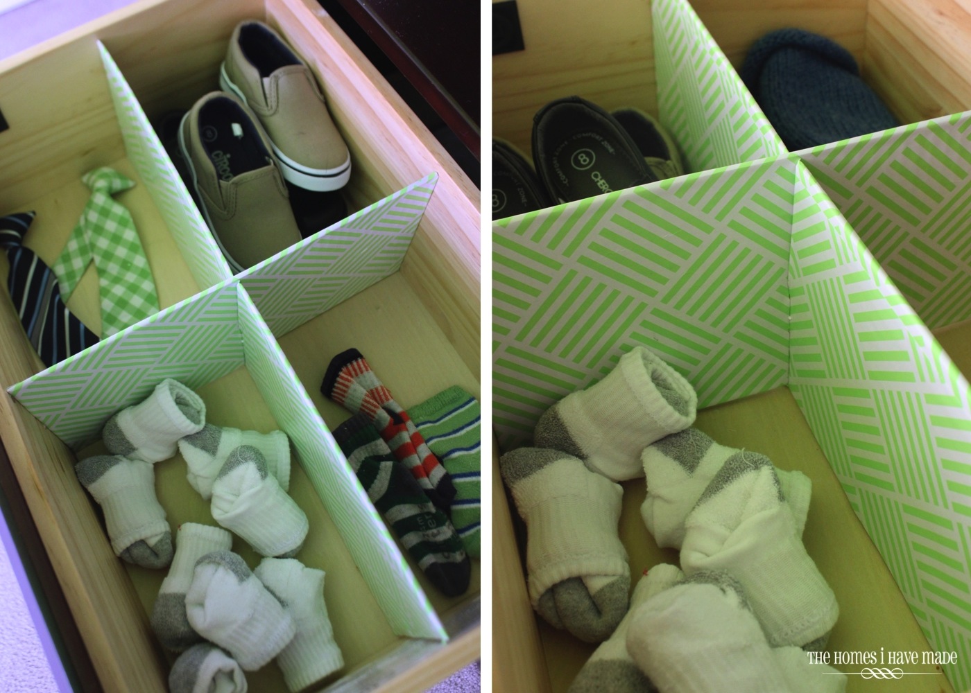 A DIY drawer divider inserted into a drawer. The drawer is filled with socks, shoes and ties.