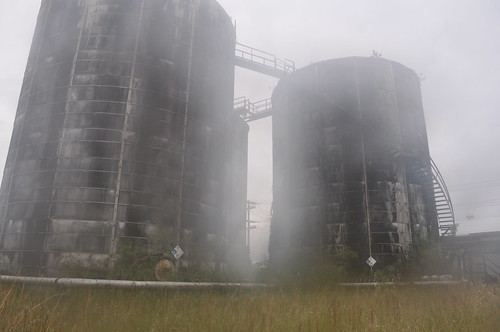 wild overgrown misty industrial blurred mystical silos ghostly towering