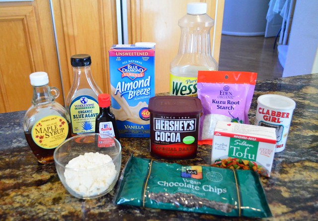 All the required ingredients for No-Bake Chocolate Pudding Tart arranged on a counter top.