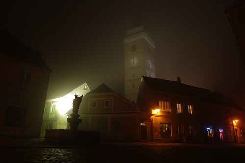 mist tower misty fog night town village view czech foggy czechrepublic overlook moravia slavonice česko českárepublika