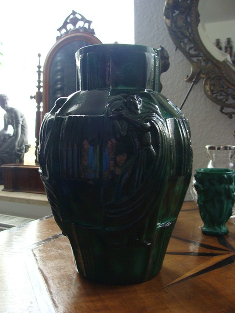 Art Deco Glas Malachit Vase, Gablonz, Curt Schlevogt, Akt 
