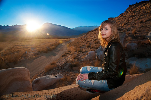 california sunset sun girl female landscape model rocks natural bishop mountians