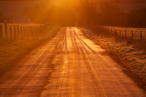 road winter sunrise fence dawn frost lane