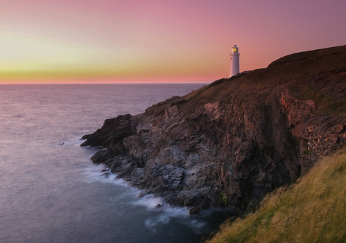 longexposure pink sunset lighthouse landscape coast cornwall day waves cloudy head atlantic hues afterglow trevose