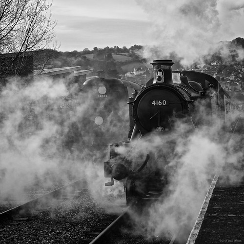 blackandwhite bw square pacific railway steam prairie railways sr gwr wadebridge preservedrailway 4160 34007 cameraslenses afszoomnikkor2470mmf28ged wsrsteamgala