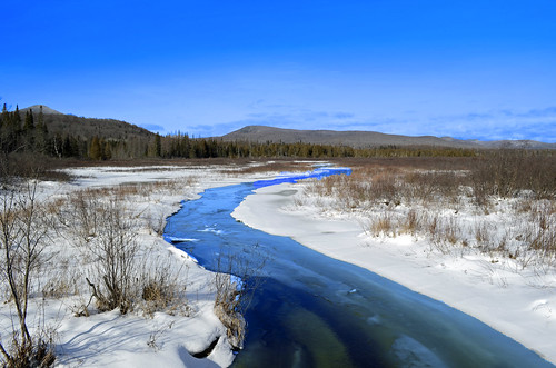 blue winter snow water river landscape scenery vermont bog