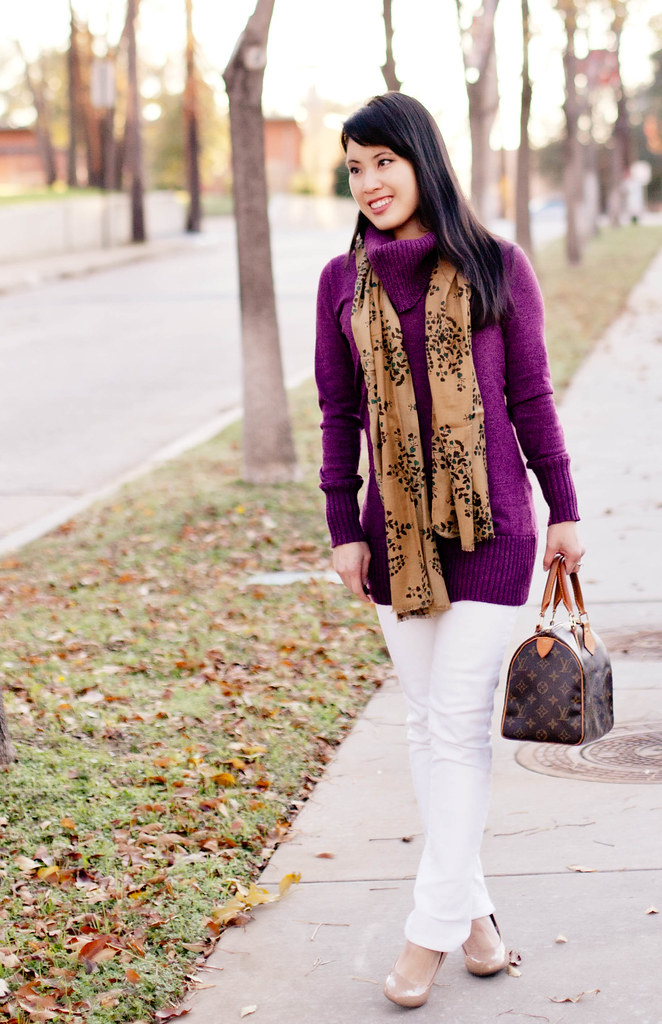 the limited ribbed cowlneck sweater, delias morgan white skinny jeans, target mossimo pearce camel patent pumps, louis vuitton speedy 25, jcpenney mng by mango heart leaf scarf