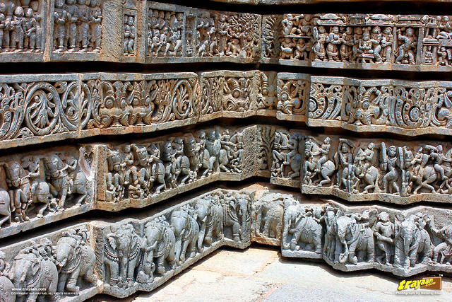 Ornate sculptures on outer walls of Keshava Temple, Somanathapura, Mysore district, Karnataka, India