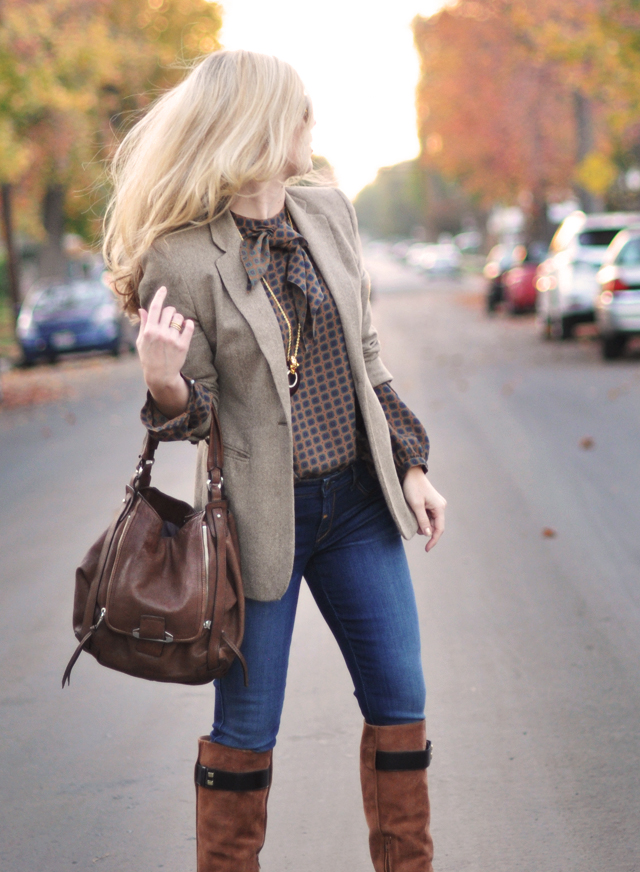 mixing browns - jeans and a blazer-vintage blouse-hair-boots