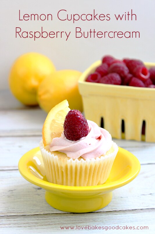 Lemon Cupcakes with Raspberry Buttercream in a yellow bowl.