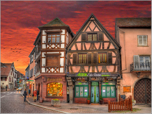 sunset france architecture photoshop painting restaurant town magasin commerce village place bistro alsace hdr colombage bistrot obernai colombages athic mygearandme ringexcellence musictomyeyeslevel1