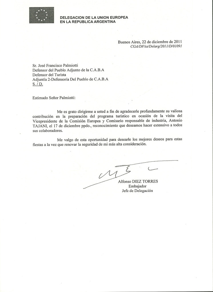 Carta de agradecimiento del Jefe de Delegación y Embajador 