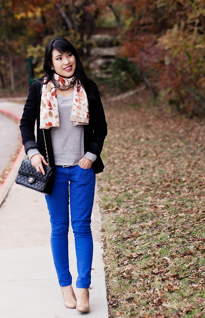 urban outfitters silence noise boyfriend blazer, banana republic grey sweater, asos cobalt blue pants, target mossimo pearce camel patent pumps, chanel quilted m/l flap purse, h&m pink leaves scarf