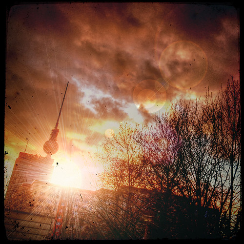 city trees sunset sky sun berlin tower television clouds tv ttv