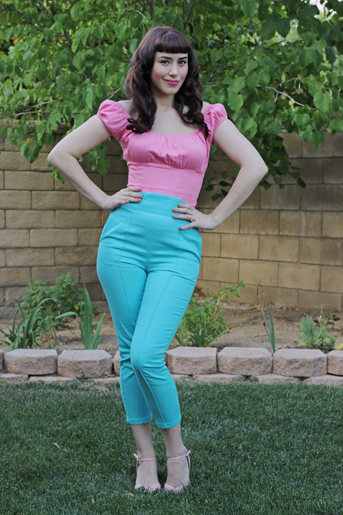 Pinup Girl Clothing Pinup Couture Peasant Top in Baby Pink Laura Byrnes California High Waisted Cropped Trousers in Blue Twill