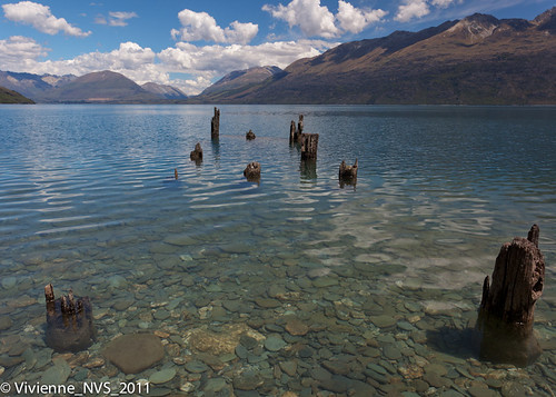 newzealand lake rocks pilings lakewakatipu