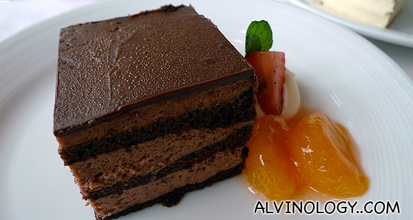 A piece of chocolate cake for dessert