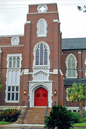 florida church architecture gothicarchitecture palmtree shrubs steps door tower jacksonville
