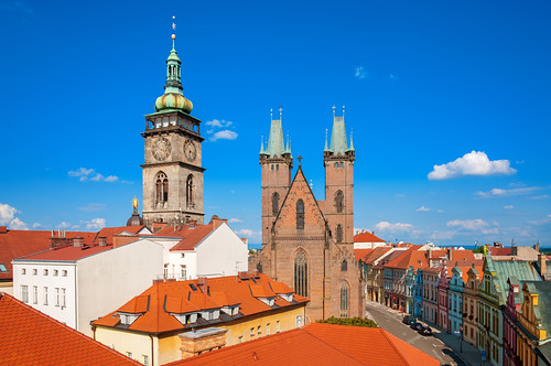 city roof sky building tower rooftop monument colors skyline architecture town europe day cityscape view cathedral gothic clear czechrepublic hradeckralove