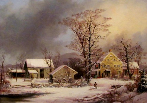 christmas morning winter portrait sky cold art chickens water weather barn rural painting print landscape virginia inn feeding connecticut country rustic scenic warmth overcast richmond well canvas oil americana bleak hay activity pitchfork sleigh picturesque livestock bucolic vmfa lithographic currierives virginiamuseumoffinearts georgehenrydurrie