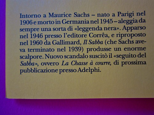 Maurice Sachs, Il Sabba, Adelphi 2011. [Resp. grafica non indicata]. Risvolto di copertina (part.), 2