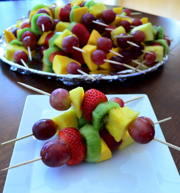 Fresh Fruit Kabobs arranged on a serving dish.