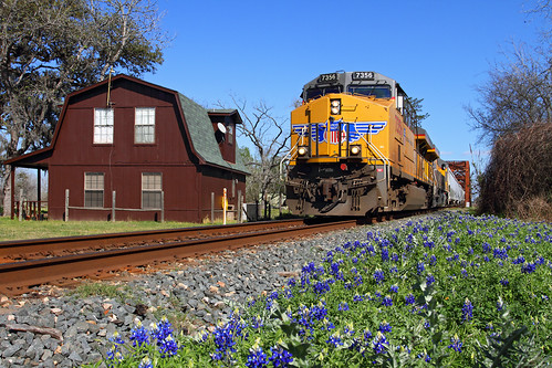 railroad columbus up train texas tx unionpacific ge bluebonnets springtime freighttrain coloradoriverbridge barnhouse gevo texasstateflower es44ac sunsetroute megew