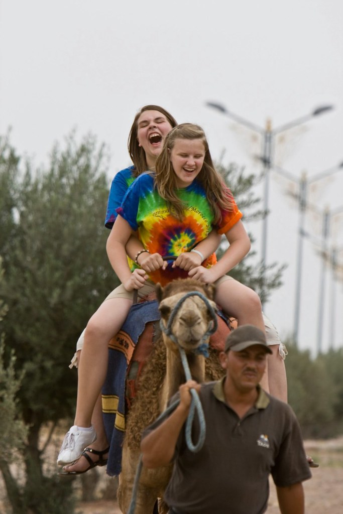 Anima tour members ride a camel in Morocco