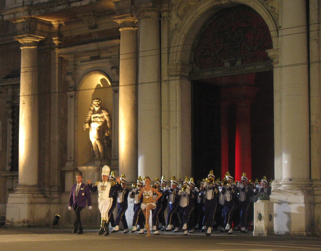 The University of Washington Husky Marching Band performs at the Ducal Palace as part of the Modena Tattoo in Italy