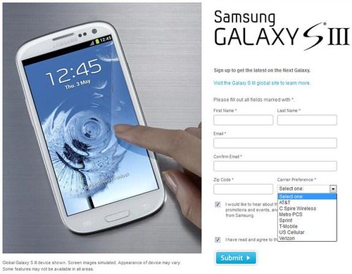 Samsung Galaxy S III Sign-up page