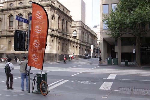 Advertising banner attached to a chained up bike